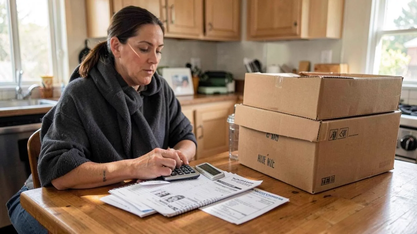 A homeowner working out moving costs with a calculator and paperwork beside packed boxes
