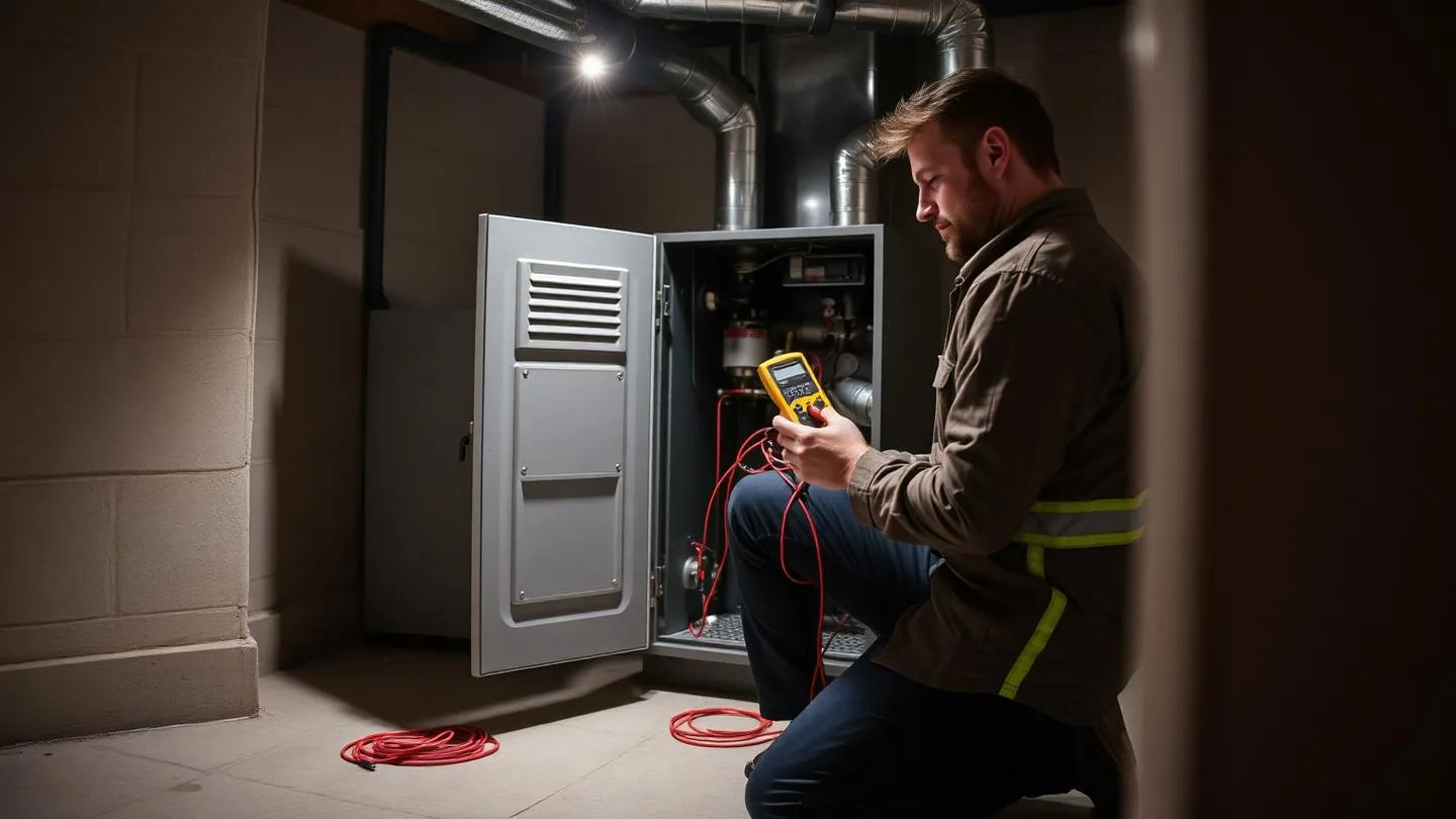 An HVAC technician testing an open gas furnace in a basement with a multimeter
