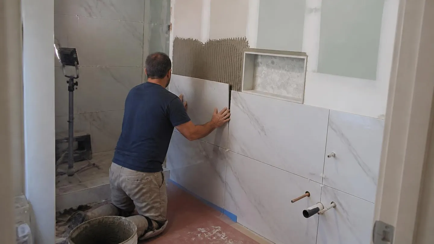 A tile setter installing wall tile around a shower niche during a bathroom remodel