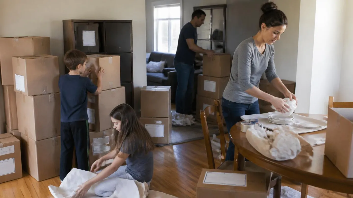 A family packing boxes in a partly emptied living room before a move
