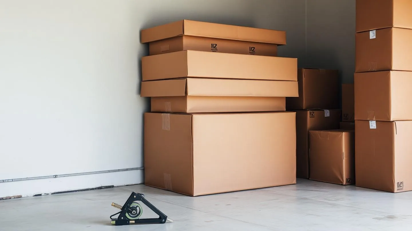Stacked plain cardboard moving boxes and a tape gun in an empty garage
