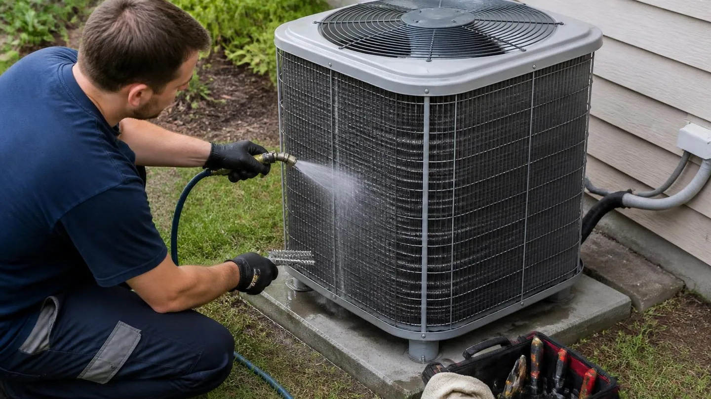 A technician cleaning the coil of an outdoor air conditioning condenser