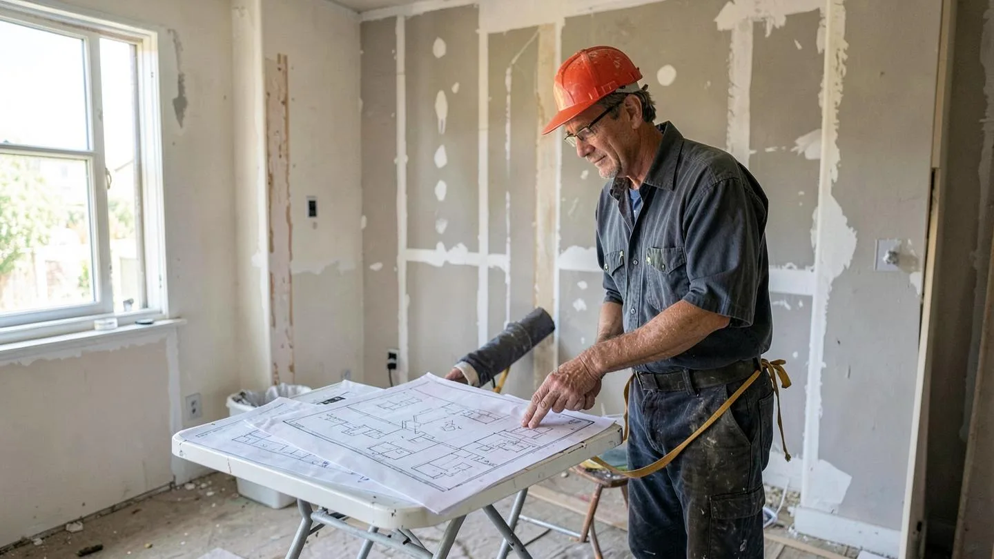 A general contractor reviewing printed plans on a folding table in a partly demolished room