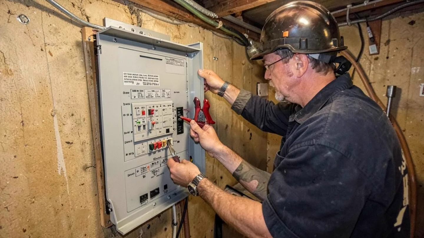 An electrician wiring circuits inside an open residential breaker panel