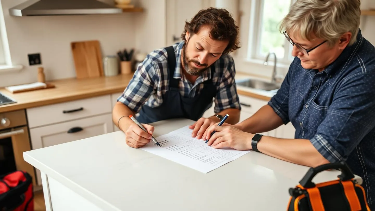 A contractor and a homeowner reviewing a written bid line by line at a kitchen island