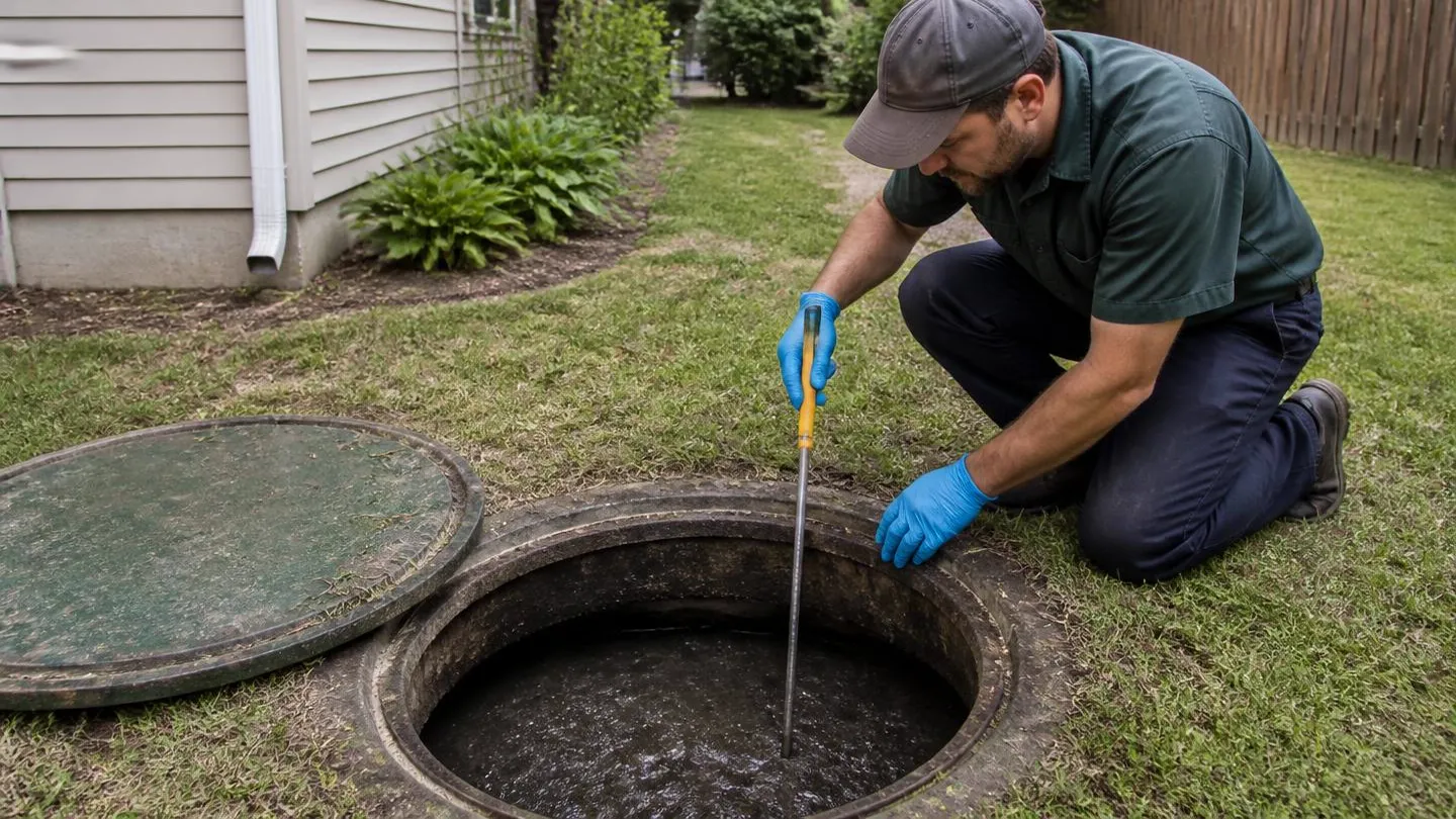 A service technician measuring sludge depth through an open septic tank lid in a back yard