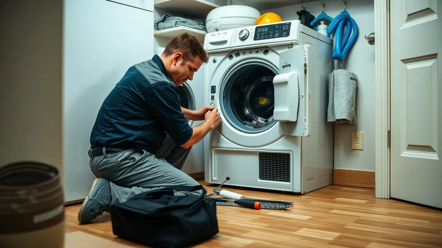 An appliance technician working on a washing machine in a laundry room