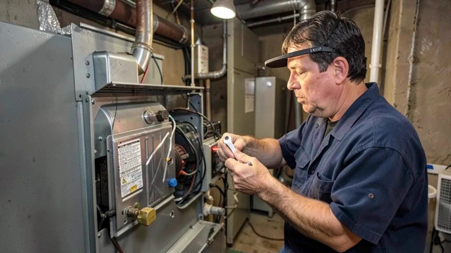 A heating technician cleaning a furnace flame sensor beside an open gas furnace panel