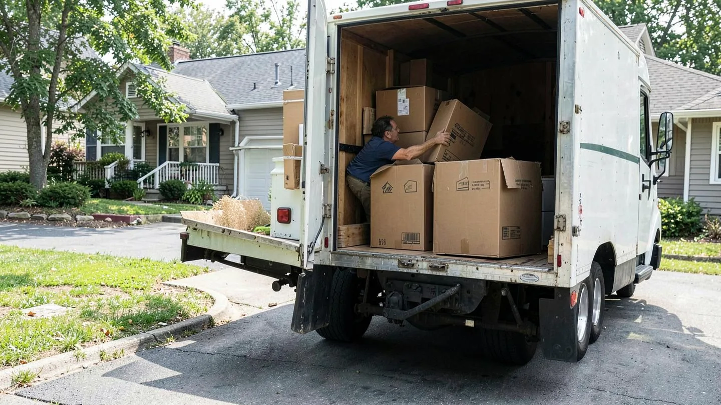 A mover sliding packed cardboard boxes into a rented moving truck in a suburban driveway