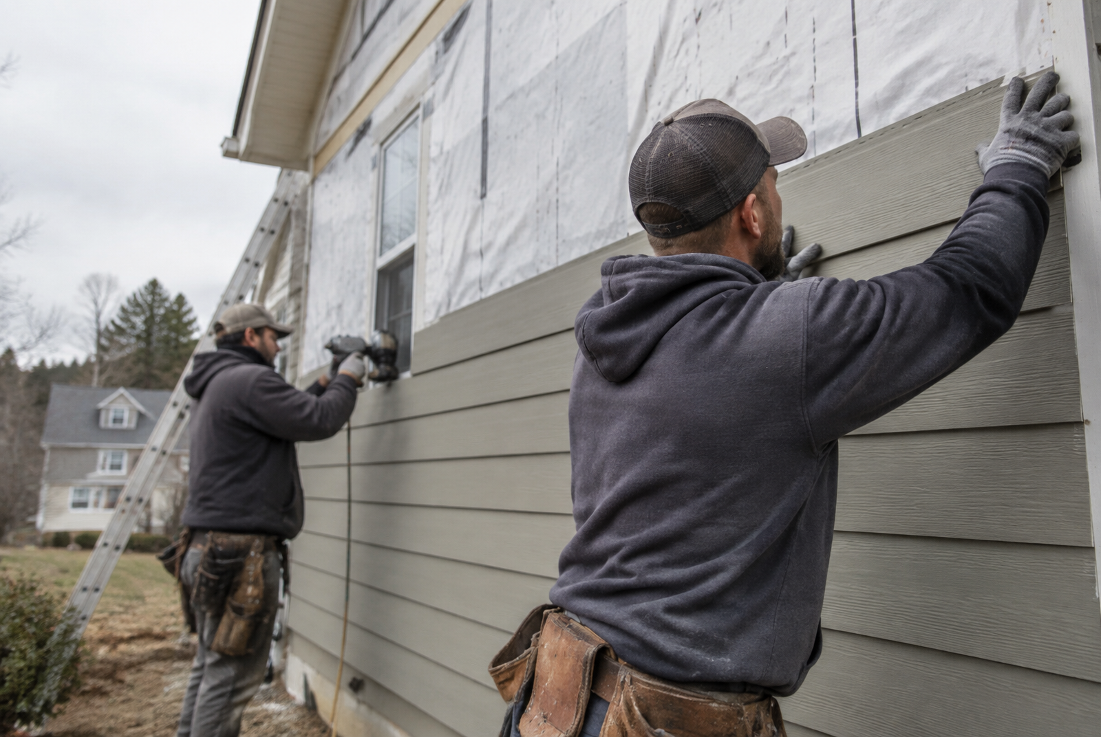 Two contractors fitting new lap siding over house wrap on a home exterior