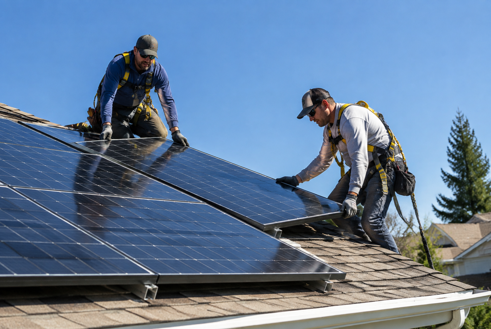Two installers in harnesses mounting solar panels on a residential shingle roof