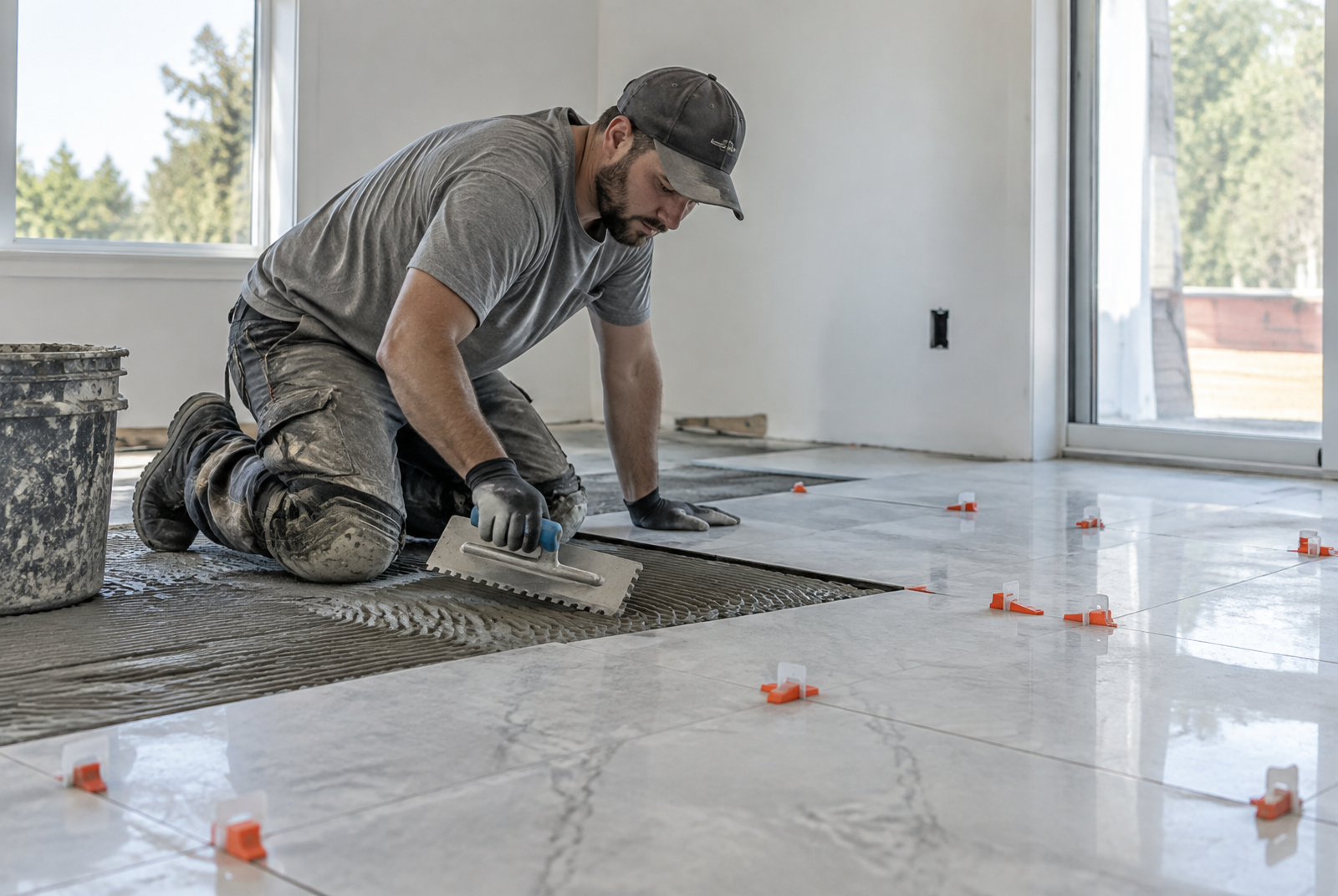 A tile setter spreading adhesive and setting large format floor tile in a bright room
