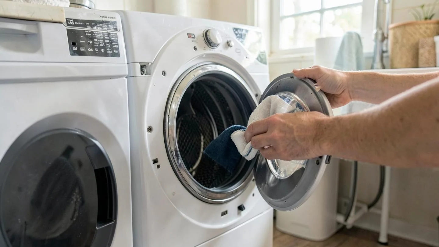 A hand wiping the rubber door gasket of a front load washing machine in a laundry room